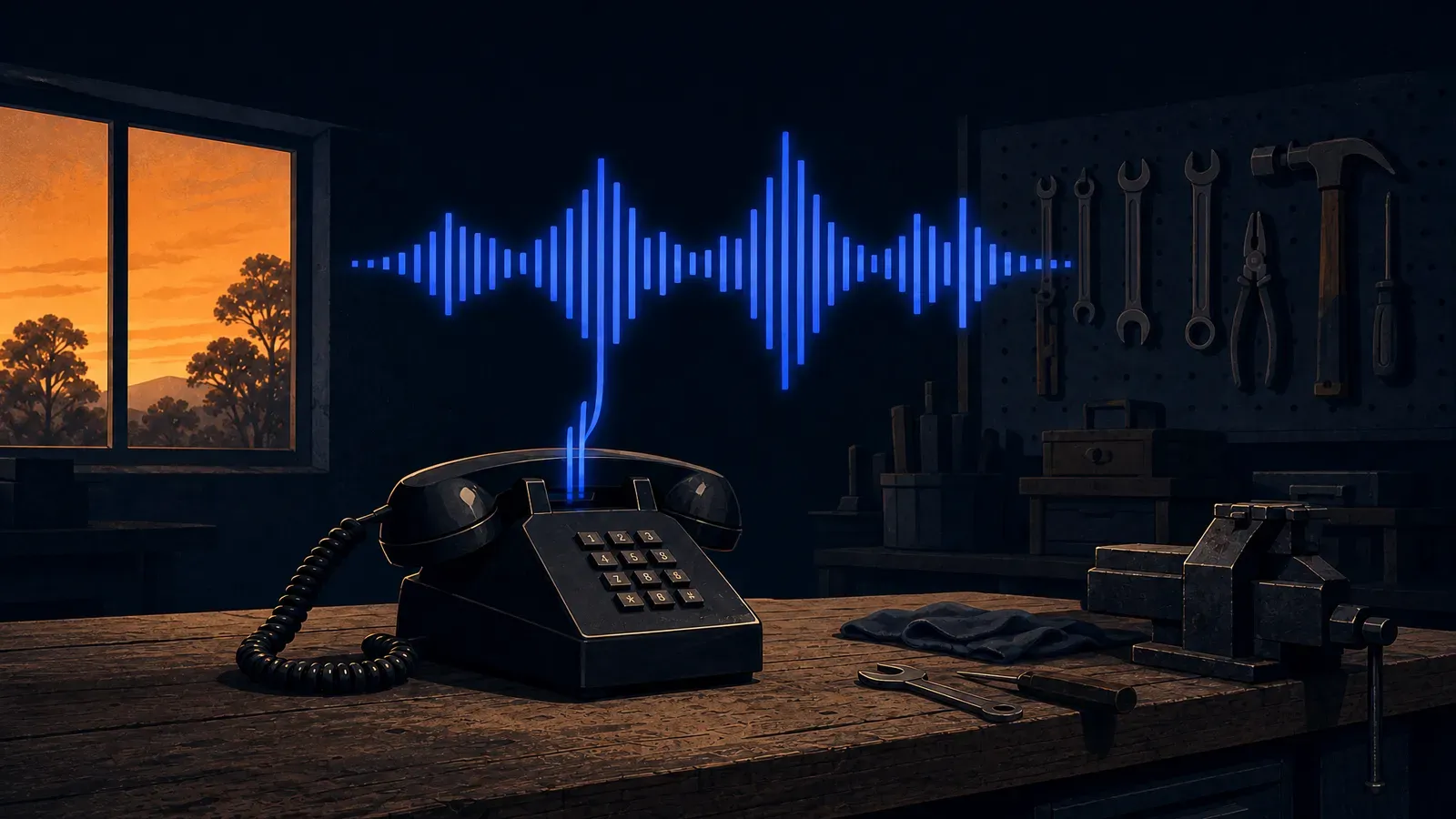 A classic desk phone on a workshop bench at dusk with an electric-blue soundwave rising from it — the call answered after hours