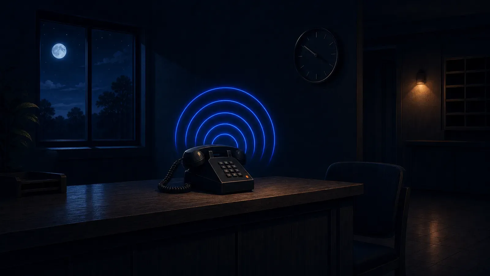 An after-hours reception desk, the phone ringing unanswered into an empty room