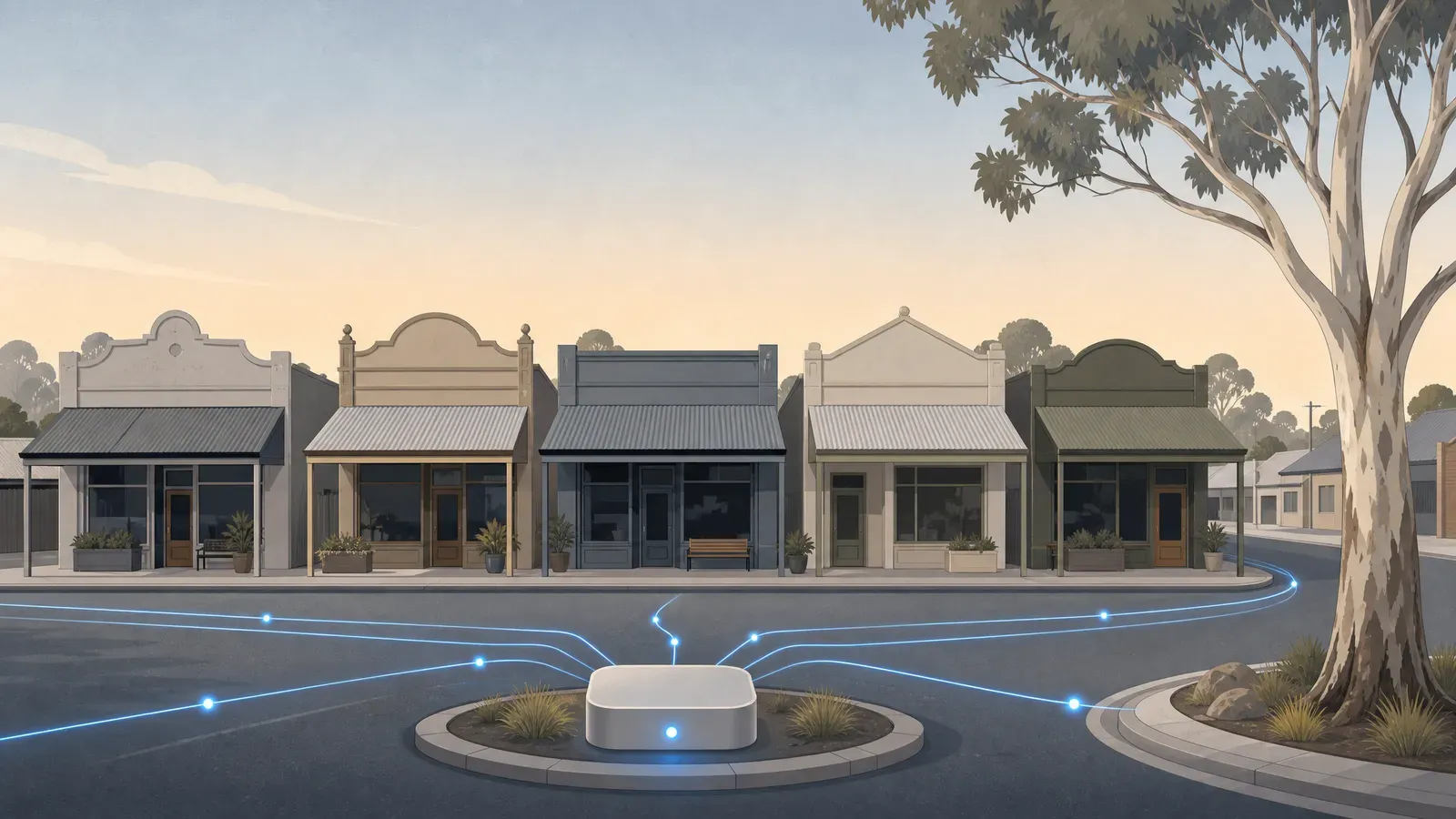 An Australian main street of small businesses — cafe, clinic, hardware, dental, electrician — each connected by a blue line to one tidy hub