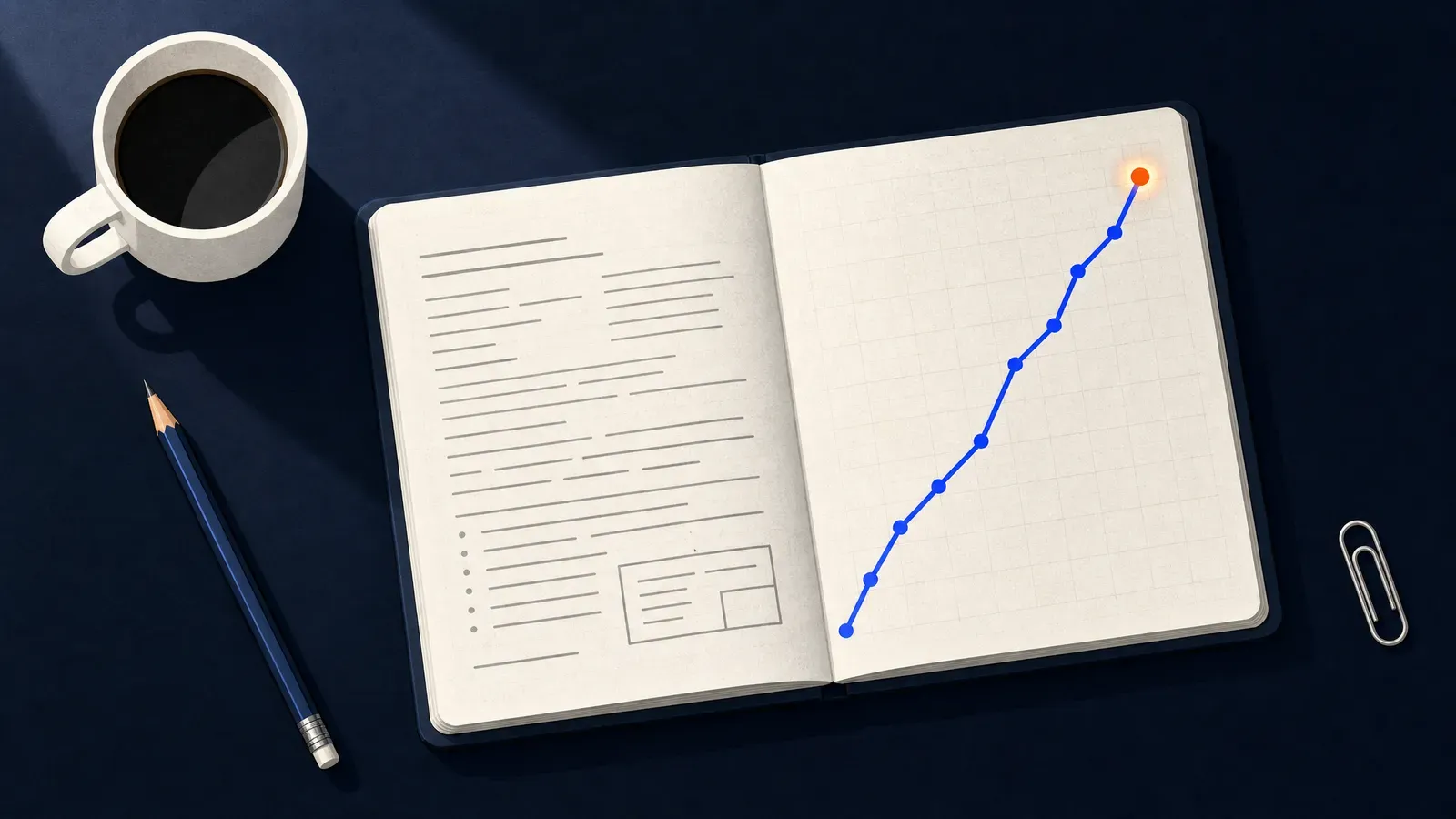 A lab notebook open beside an ascending line chart — the experiment's progress recorded by hand