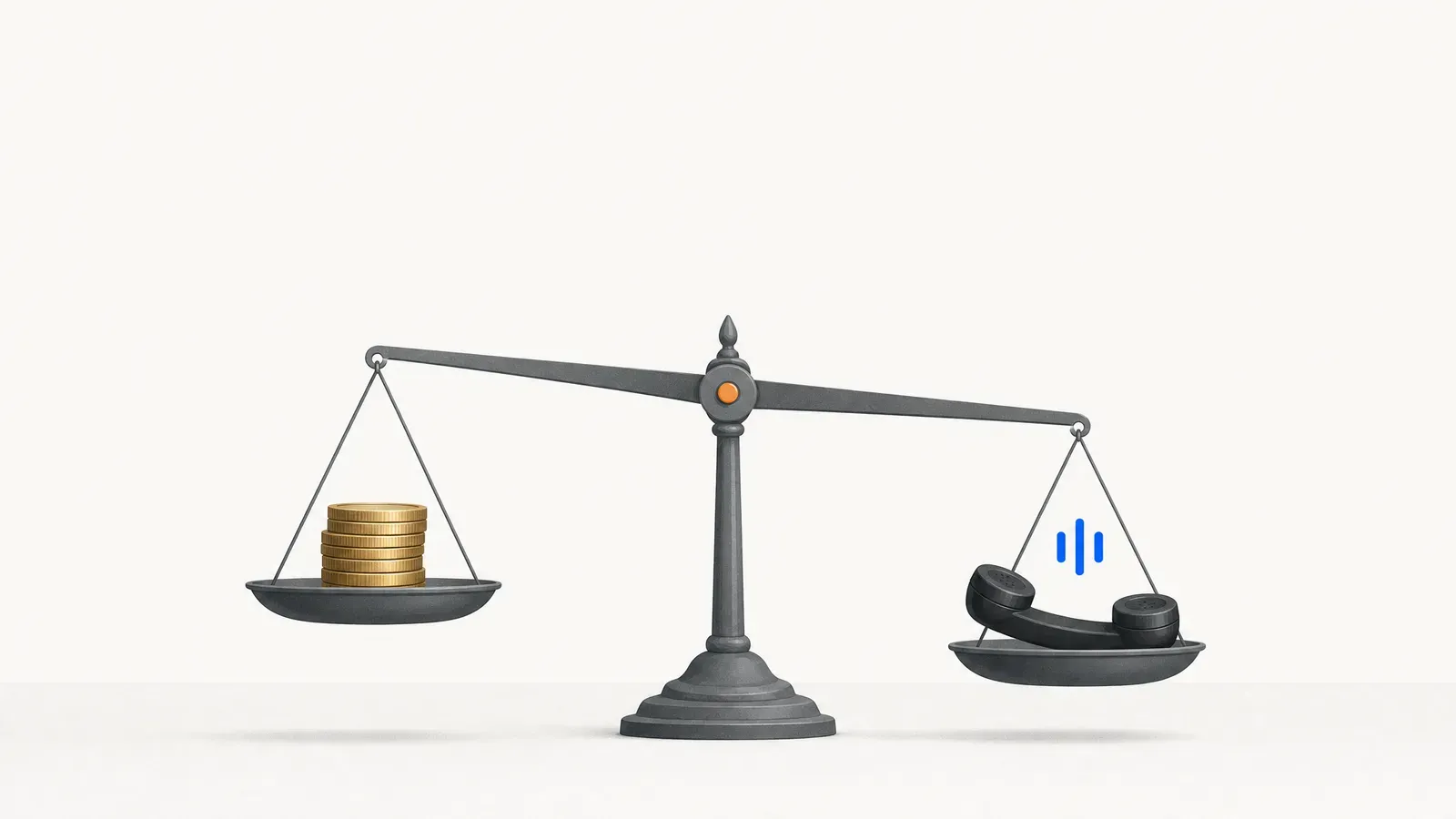 A balance scale weighing a stack of coins against a telephone handset, tipping toward the phone