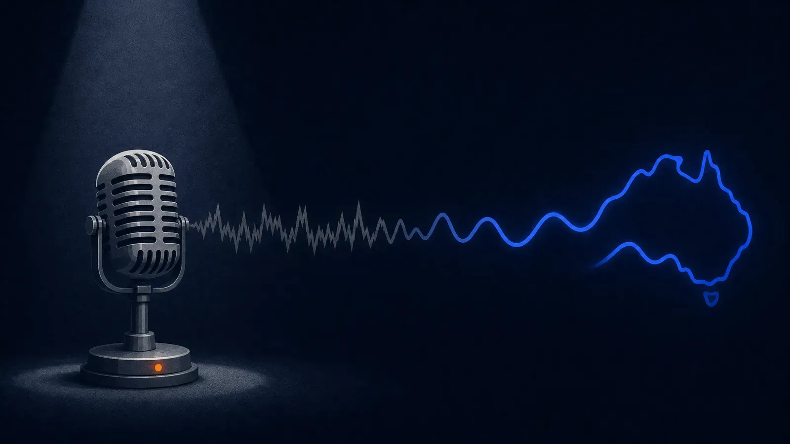 A vintage microphone with a jagged grey soundwave resolving into a smooth electric-blue one