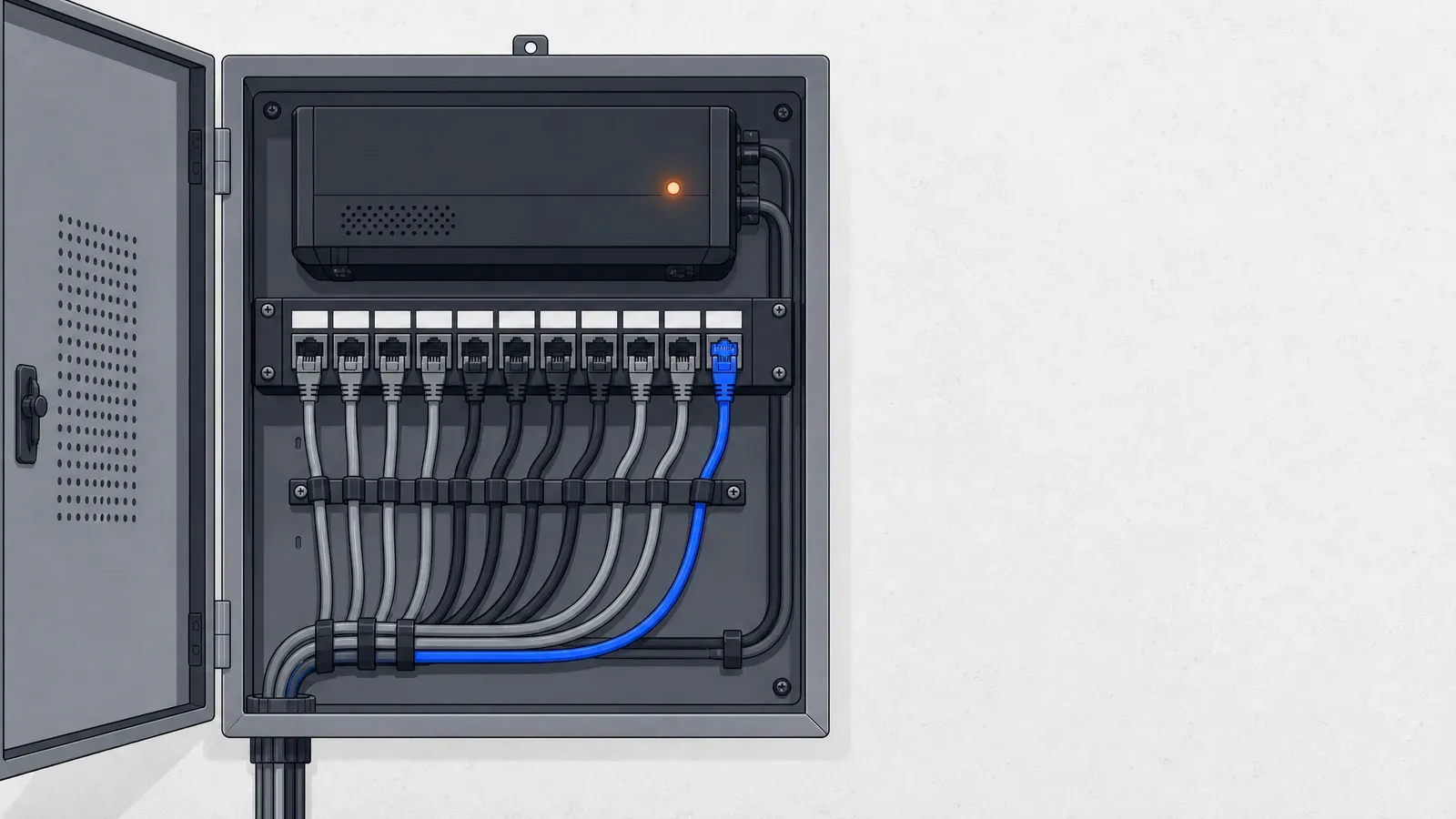 A tidy wall-mounted PBX cabinet with one new blue cable clipped in alongside the existing cables