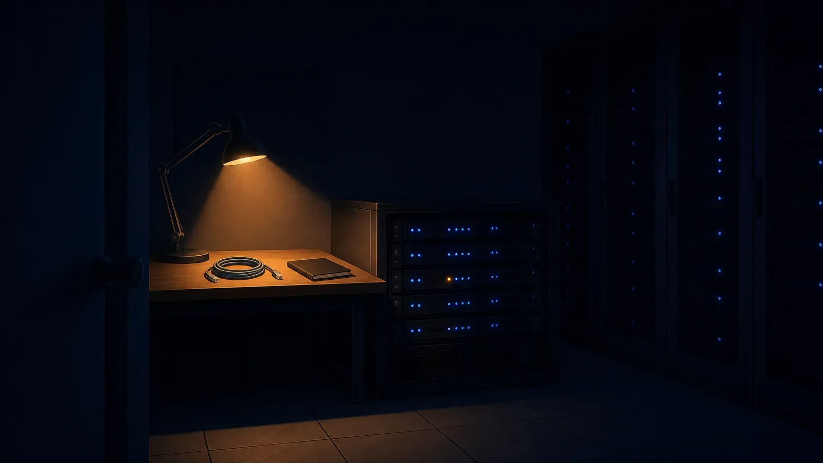 A desk lamp lighting a calm server rack at night, one amber LED among rows of steady blue