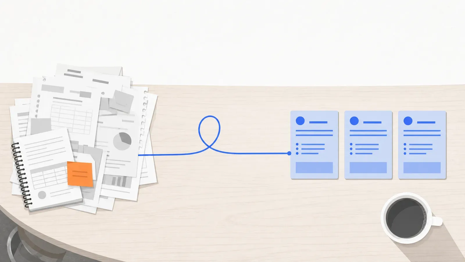 A messy pile of paperwork transformed by a single blue line into three tidy documents — AI automation in one picture