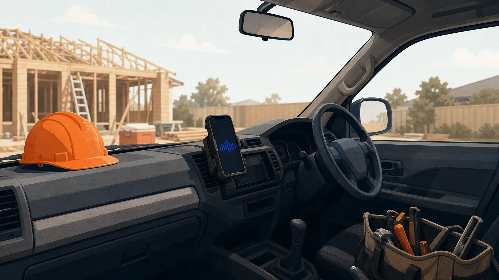A tradie's ute cab with an empty driver's seat — the mounted phone answering the call with a blue soundwave while the tradie is on the job
