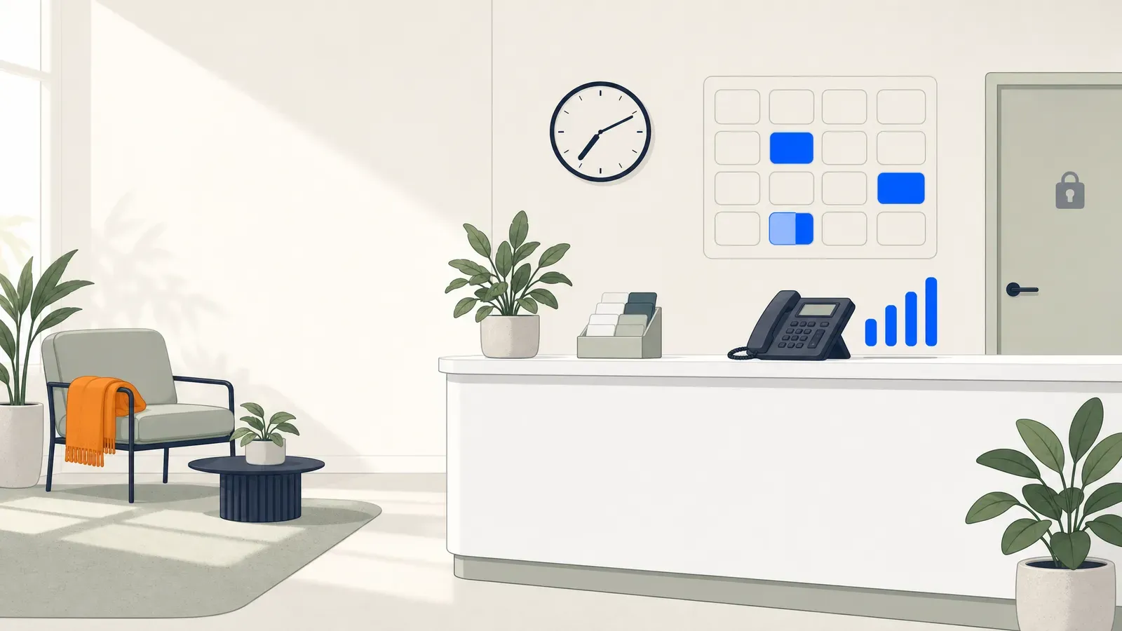 A calm clinic reception before opening — the phone answering with a blue soundwave while appointment slots fill on the wall calendar