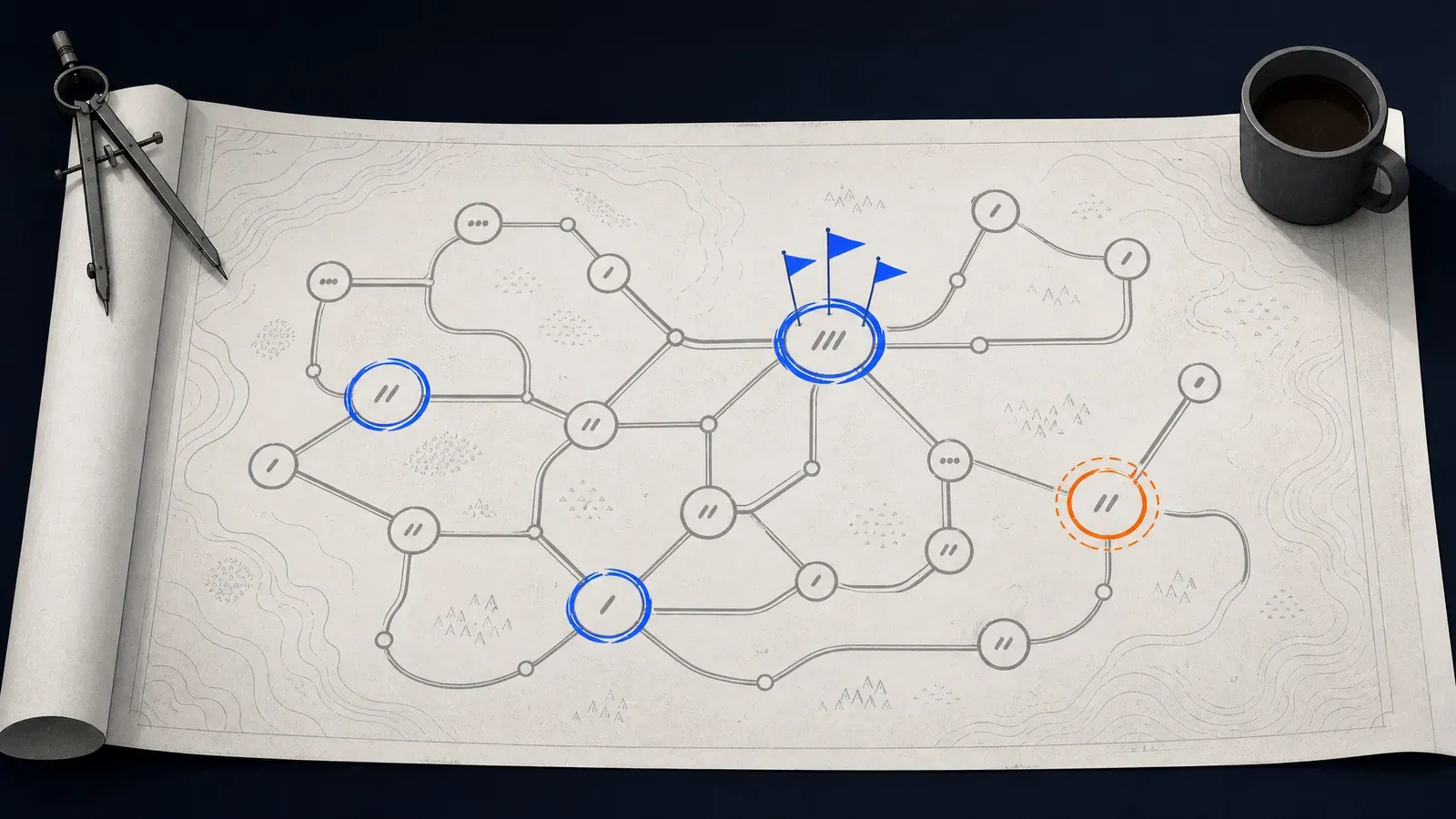 A drafting-paper map of business workflows with the three best automation opportunities circled in blue